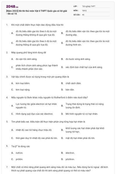 [Năm 2022] Đề thi thử môn Vật lí THPT Quốc gia có lời giải - Đề số 16