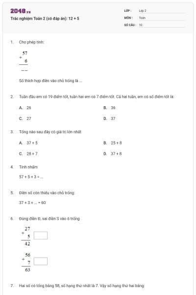 Trắc nghiệm Toán 2 (có đáp án): 12 + 5
