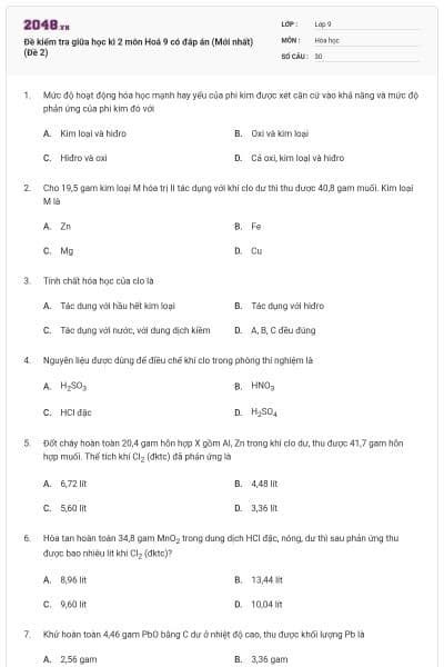 Đề kiểm tra giữa học kì 2 môn Hoá 9 có đáp án (Mới nhất) (Đề 2)