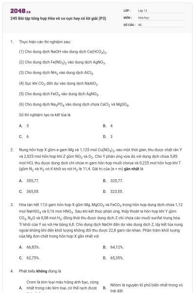245 Bài tập tổng hợp Hóa vô cơ cực hay có lời giải (P3)