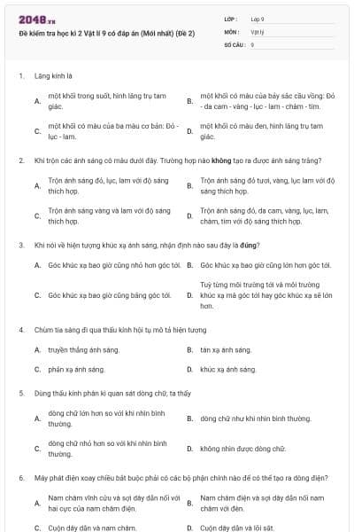 Đề kiểm tra học kì 2 Vật lí 9 có đáp án (Mới nhất) (Đề 2)