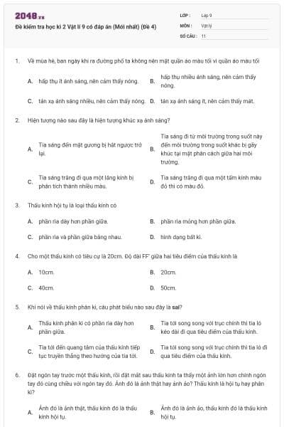 Đề kiểm tra học kì 2 Vật lí 9 có đáp án (Mới nhất) (Đề 4)