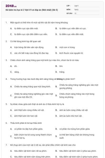 Đề kiểm tra học kì 2 Vật lí 9 có đáp án (Mới nhất) (Đề 5)