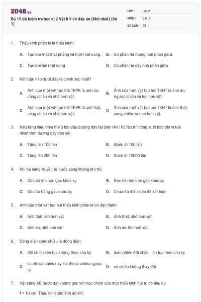 Bộ 15 đề kiểm tra học kì 2 Vật lí 9 có đáp án (Mới nhất) (Đề 1)