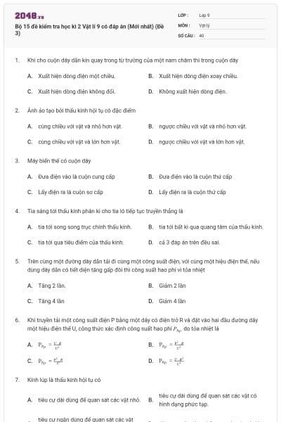 Bộ 15 đề kiểm tra học kì 2 Vật lí 9 có đáp án (Mới nhất) (Đề 3)
