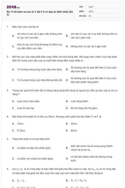 Bộ 15 đề kiểm tra học kì 2 Vật lí 9 có đáp án (Mới nhất) (Đề 4)