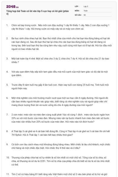 Tổng hợp bài Toán có lời văn lớp 5 cực hay có lời giải (phần 4)