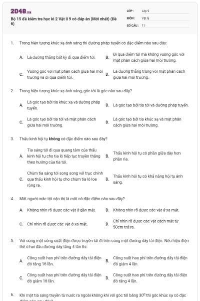 Bộ 15 đề kiểm tra học kì 2 Vật lí 9 có đáp án (Mới nhất) (Đề 6)