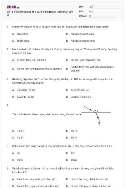 Bộ 15 đề kiểm tra học kì 2 Vật lí 9 có đáp án (Mới nhất) (Đề 7)
