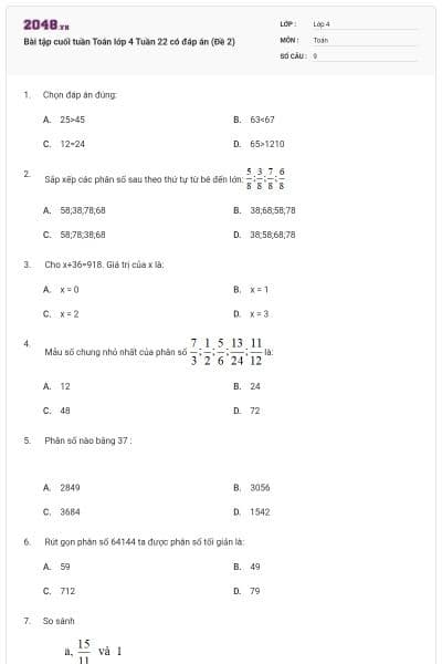 Bài tập cuối tuần Toán lớp 4 Tuần 22 có đáp án (Đề 2)