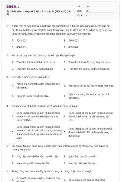 Bộ 15 đề kiểm tra học kì 2 Vật lí 9 có đáp án (Mới nhất) (Đề 8)
