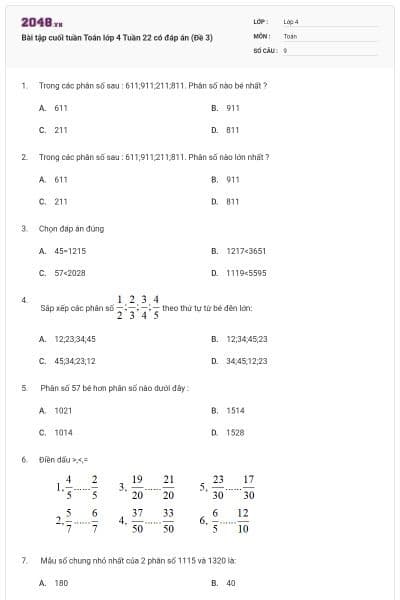 Bài tập cuối tuần Toán lớp 4 Tuần 22 có đáp án (Đề 3)