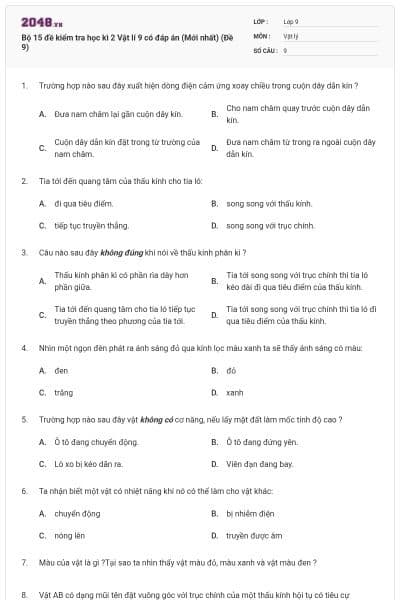 Bộ 15 đề kiểm tra học kì 2 Vật lí 9 có đáp án (Mới nhất) (Đề 9)