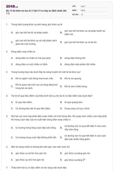 Bộ 15 đề kiểm tra học kì 2 Vật lí 9 có đáp án (Mới nhất) (Đề 11)
