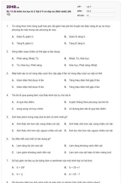 Bộ 15 đề kiểm tra học kì 2 Vật lí 9 có đáp án (Mới nhất) (Đề 12)