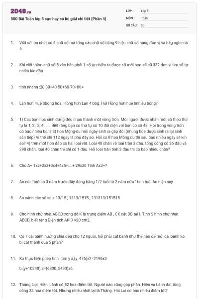 500 Bài Toán lớp 5 cực hay có lời giải chi tiết (Phần 4)