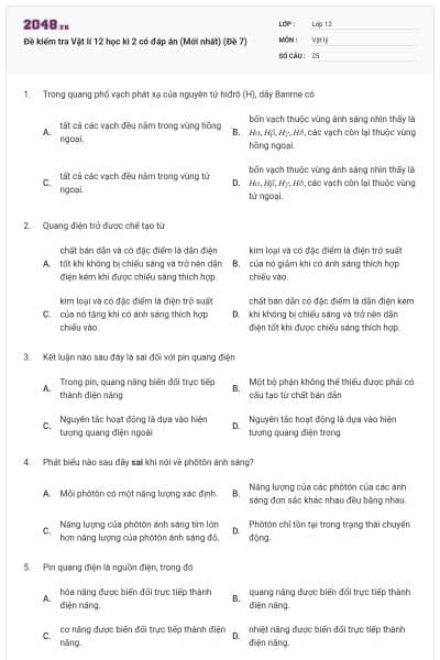 Đề kiểm tra Vật lí 12 học kì 2 có đáp án (Mới nhất) (Đề 7)