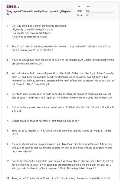 Tổng hợp bài Toán có lời văn lớp 5 cực hay có lời giải (phần 5)