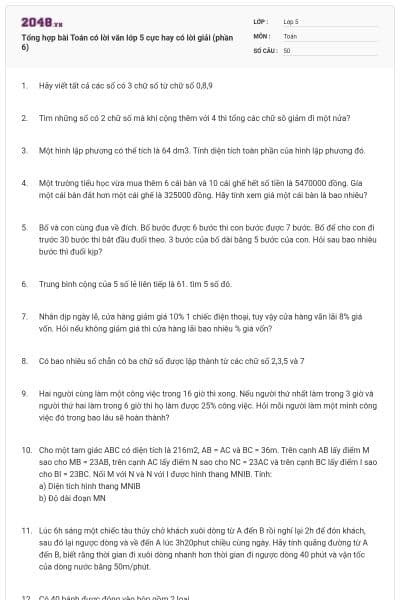 Tổng hợp bài Toán có lời văn lớp 5 cực hay có lời giải (phần 6)