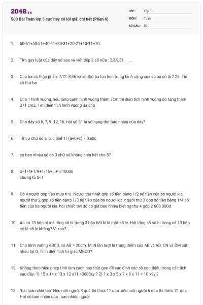 500 Bài Toán lớp 5 cực hay có lời giải chi tiết (Phần 6)