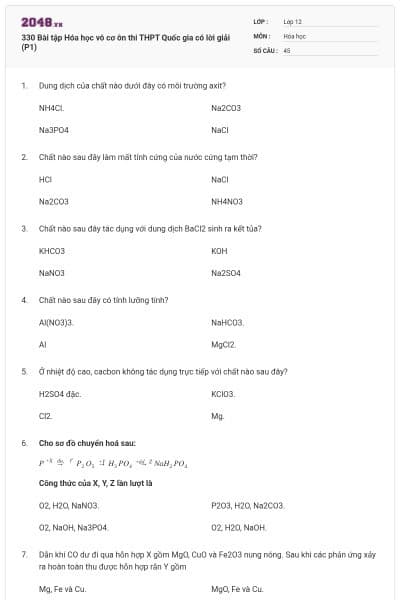 330 Bài tập Hóa học vô cơ ôn thi THPT Quốc gia có lời giải (P1)