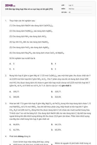 245 Bài tập tổng hợp Hóa vô cơ cực hay có lời giải (P3)
