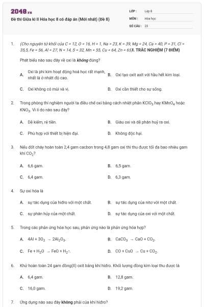 Đề thi Giữa kì II Hóa học 8 có đáp án (Mới nhất) (Đề 8)