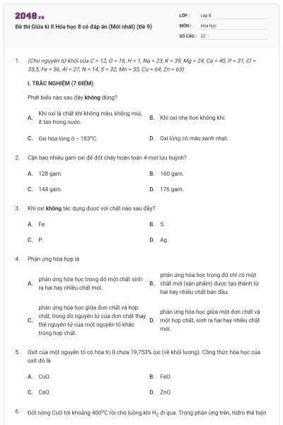 Đề thi Giữa kì II Hóa học 8 có đáp án (Mới nhất) (Đề 9)