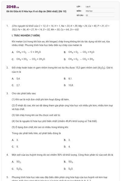 Đề thi Giữa kì II Hóa học 8 có đáp án (Mới nhất) (Đề 10)