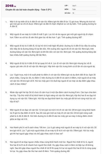 Chuyên đề các bài toán chuyển động - Toán 5 (P1)