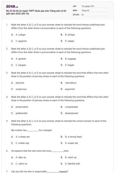Bộ 25 đề thi ôn luyện THPT Quốc gia môn Tiếng anh có lời giải năm 2022 (Đề 16)