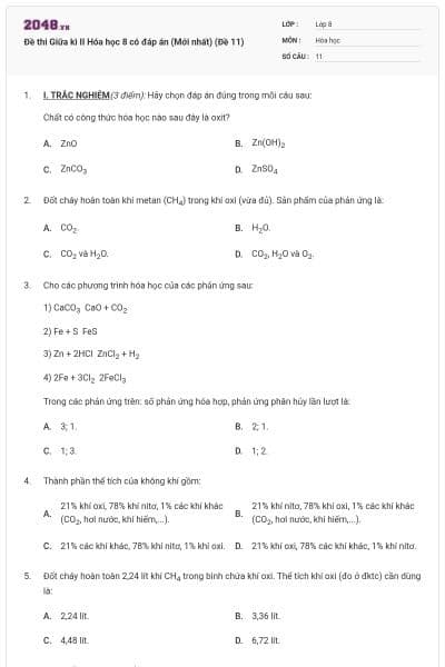 Đề thi Giữa kì II Hóa học 8 có đáp án (Mới nhất) (Đề 11)