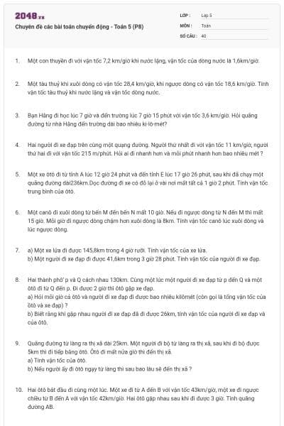 Chuyên đề các bài toán chuyển động - Toán 5 (P8)