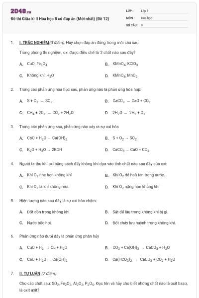 Đề thi Giữa kì II Hóa học 8 có đáp án (Mới nhất) (Đề 12)