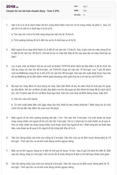 Chuyên đề các bài toán chuyển động - Toán 5 (P9)