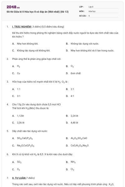 Đề thi Giữa kì II Hóa học 8 có đáp án (Mới nhất) (Đề 13)