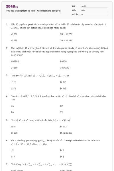 100 câu trắc nghiệm Tổ hợp - Xác suất nâng cao (P4)