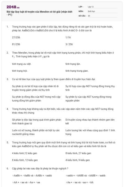Bài tập Quy luật di truyền của Menđen có lời giải (nhận biết - P1)
