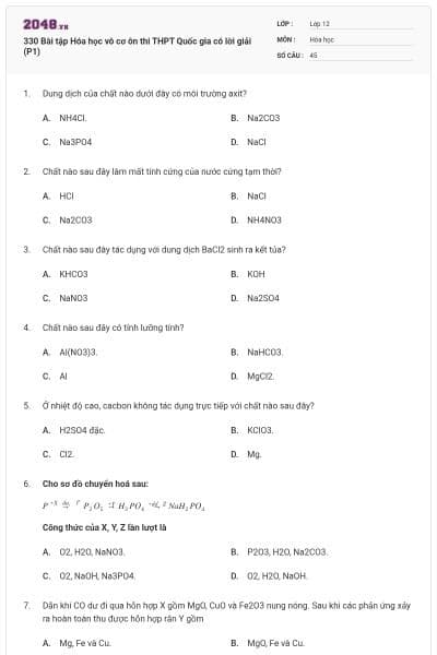 330 Bài tập Hóa học vô cơ ôn thi THPT Quốc gia có lời giải (P1)