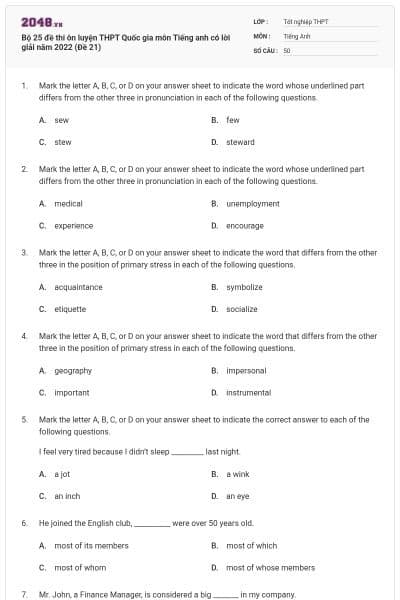 Bộ 25 đề thi ôn luyện THPT Quốc gia môn Tiếng anh có lời giải năm 2022 (Đề 21)