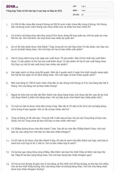 Tổng hợp Toán có lời văn lớp 3 cực hay có đáp án (P2)