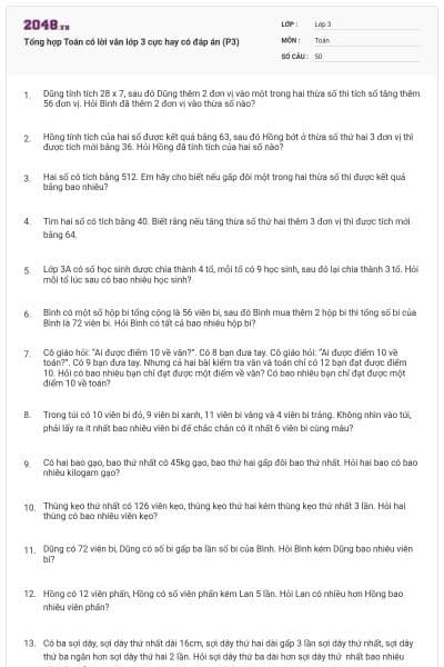 Tổng hợp Toán có lời văn lớp 3 cực hay có đáp án (P3)