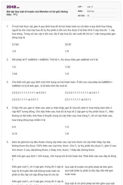 Bài tập Quy luật di truyền của Menđen có lời giải (thông hiểu - P1)