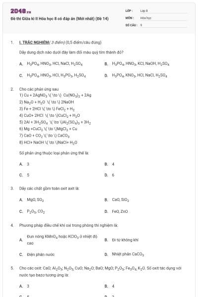 Đề thi Giữa kì II Hóa học 8 có đáp án (Mới nhất) (Đề 14)