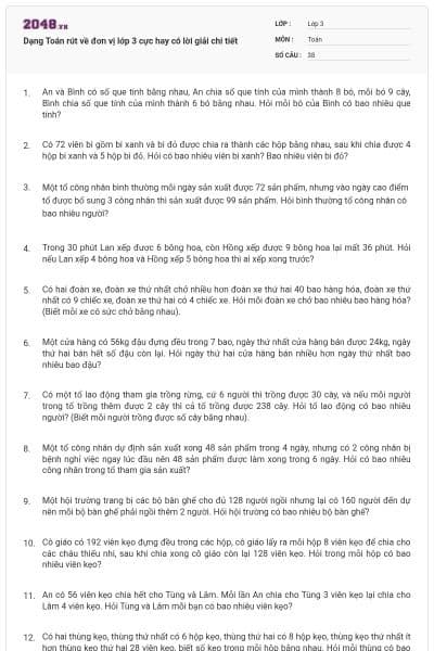 Dạng Toán rút về đơn vị lớp 3 cực hay có lời giải chi tiết