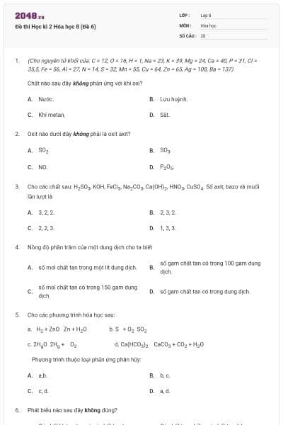 Đề thi Học kì 2 Hóa học 8 (Đề 6)
