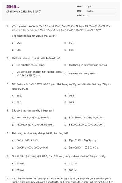 Đề thi Học kì 2 Hóa học 8 (Đề 7)