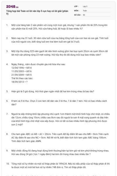 Tổng hợp bài Toán có lời văn lớp 5 cực hay có lời giải (phần 9)