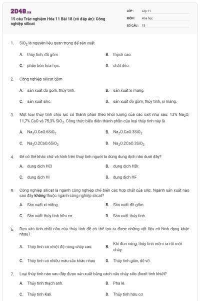 15 câu Trắc nghiệm Hóa 11 Bài 18 (có đáp án): Công nghiệp silicat