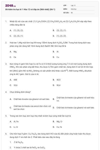Đề kiểm tra học kì 1 Hóa 12 có đáp án (Mới nhất) (Đề 1)